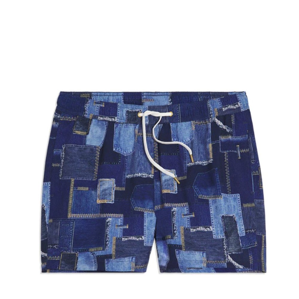 WeWoreWhat Men’s Denim Patchwork Swim Trunks